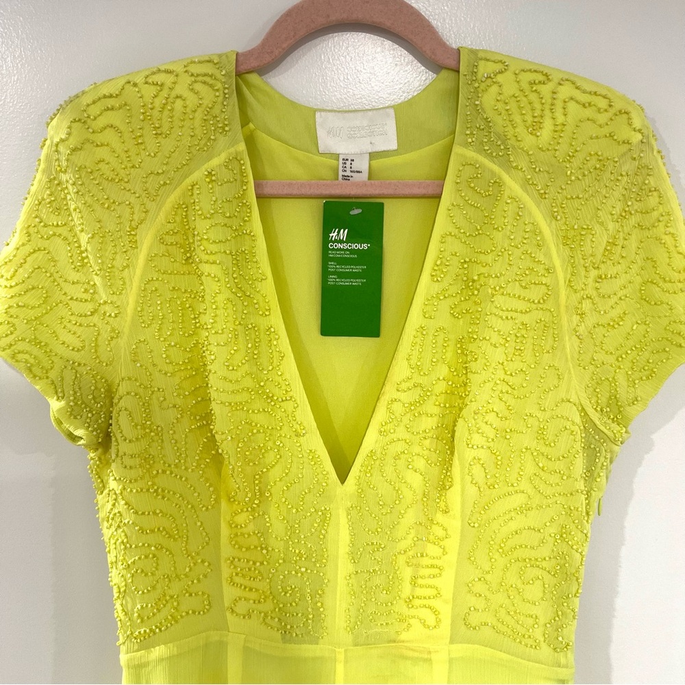 H&M Conscious Collection Beaded Yellow-Green Chiffon Maxi Dress Women’s Sz 8 NWT - Picture 4 of 13